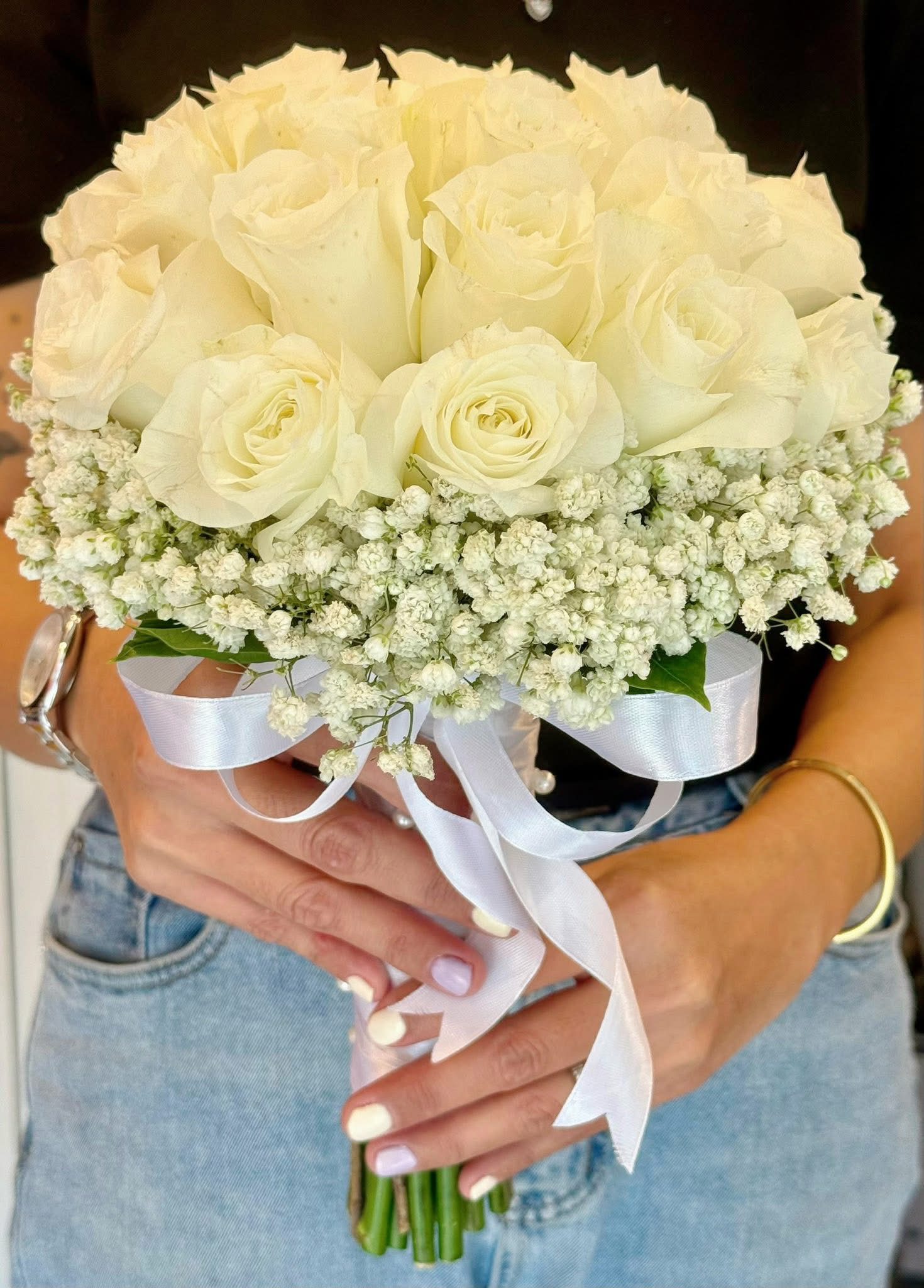 White rose and wax flower bridal bouquet